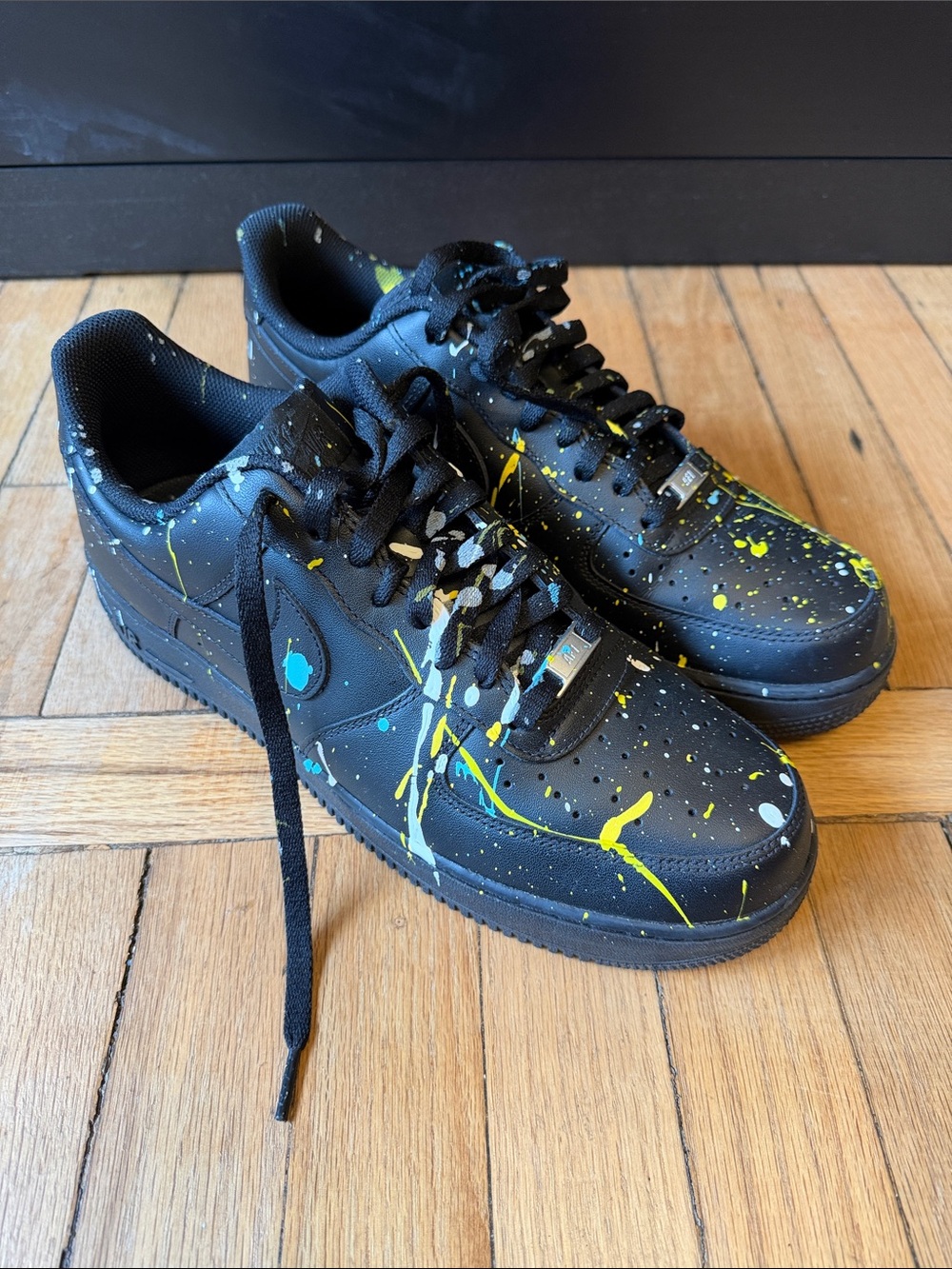 Nike Black Sneakers with Yellow & Blue Paint Splatter